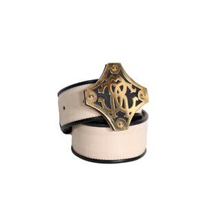 Roberto Cavalli Women's Size 38 XS US2 Ivory Black Gold Belt Logo Buckle Belt